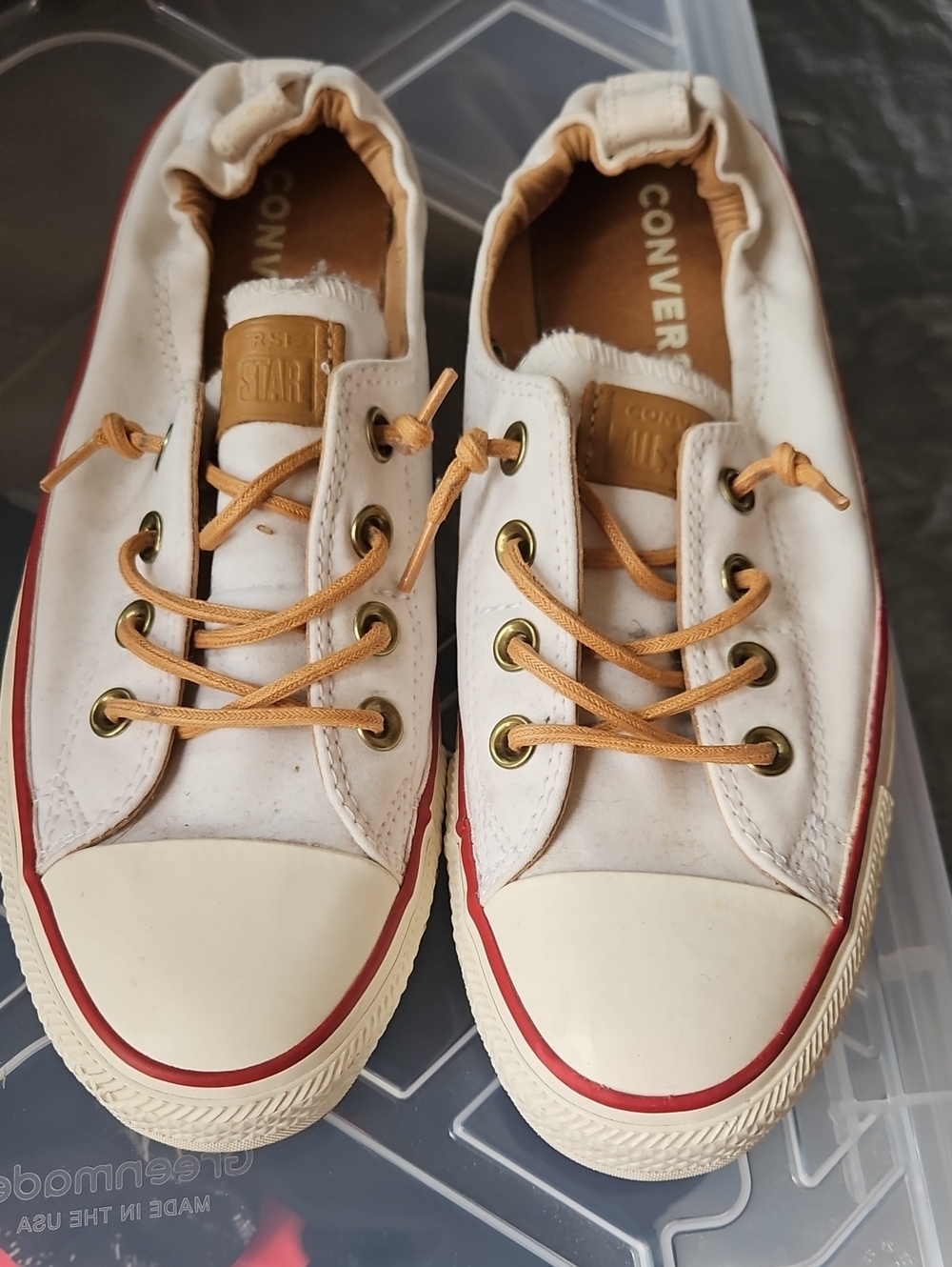 Converse  White Canvas Low-Top Sneakers with Red Stripe and Tan Laces (11-1)